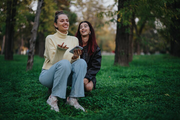 Fototapeta premium Two young women enjoying each other's company while seated in a lush, green park.
