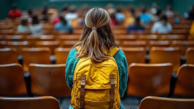 Woman with backpack sits alone in lecture hall, seen from behind