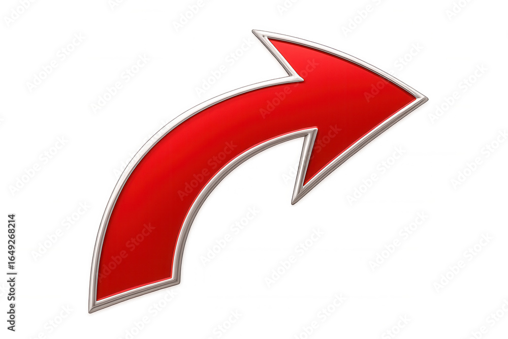 Poster metallic-edged red arrow pointing upward and rightward, signaling direction against transparent back