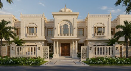 Obraz premium Modern India home exterior boasting opulent mansion with grand entrance and marble exteriors