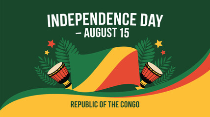 Celebrate Republic of the Congo Independence Day August 15 with vibrant drums and national flag elements, perfect for festive national holiday greetings and cultural events.