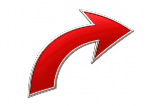 Metallic-edged red arrow pointing upward and rightward, signaling direction against transparent backdrop, emphasizing key visual guidance