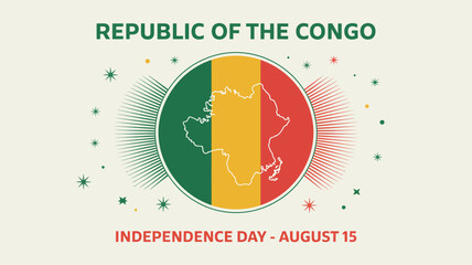 Celebrate Republic of the Congo Independence Day August 15 with vibrant national emblem and festive starbursts creating a patriotic and celebratory visual