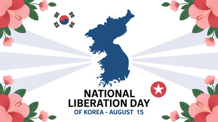 Celebrate National Liberation Day of Korea with vibrant hibiscus flowers, the unified Korean peninsula map, and national flags, marking August 15th with patriotic pride and remembrance.