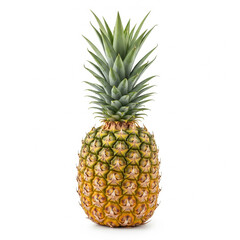 Fototapeta premium A vibrant, perfectly ripe whole pineapple, its textured skin and lush green leaves in sharp focus copy
