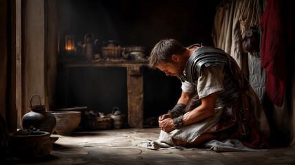 Cornelius, a devout and righteous Roman centurion, kneeling reverently in prayer on the stone floor of his Jerusalem home