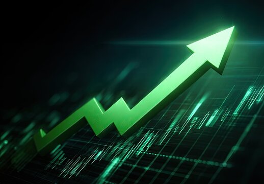 A vibrant green upward-trending arrow graphic, set against a dark background with detailed financial data.  The arrow is 3D, gleaming, and prominent, highlighting growth or success.