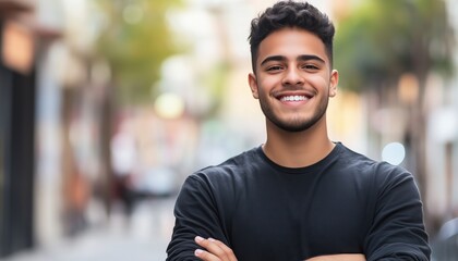 Fototapeta premium Confident Young Latin Man Standing On Street, Smiling And Crossing Arms In A Gesture Of Confidence And Happiness.