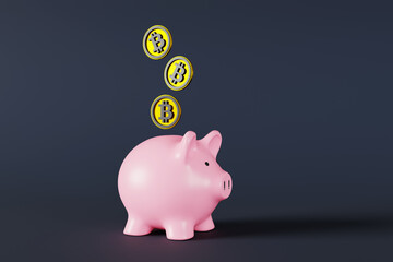Golden bitcoins are falling down into a pink piggy bank on a dark blue background. Illustration of the concept of cryptocurrency savings accounts and crypto wallets