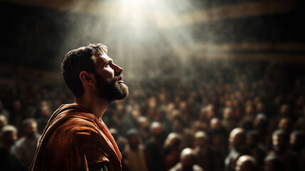 Stephen, a young, fervent disciple with an impassioned, visionary expression, bravely testifying before a hostile Jewish Sanhedrin