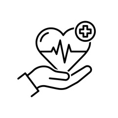 Fototapeta premium Healthcare Heart Icon with Hand, Heartbeat Line and Medical Cross Symbol – Vector Illustration