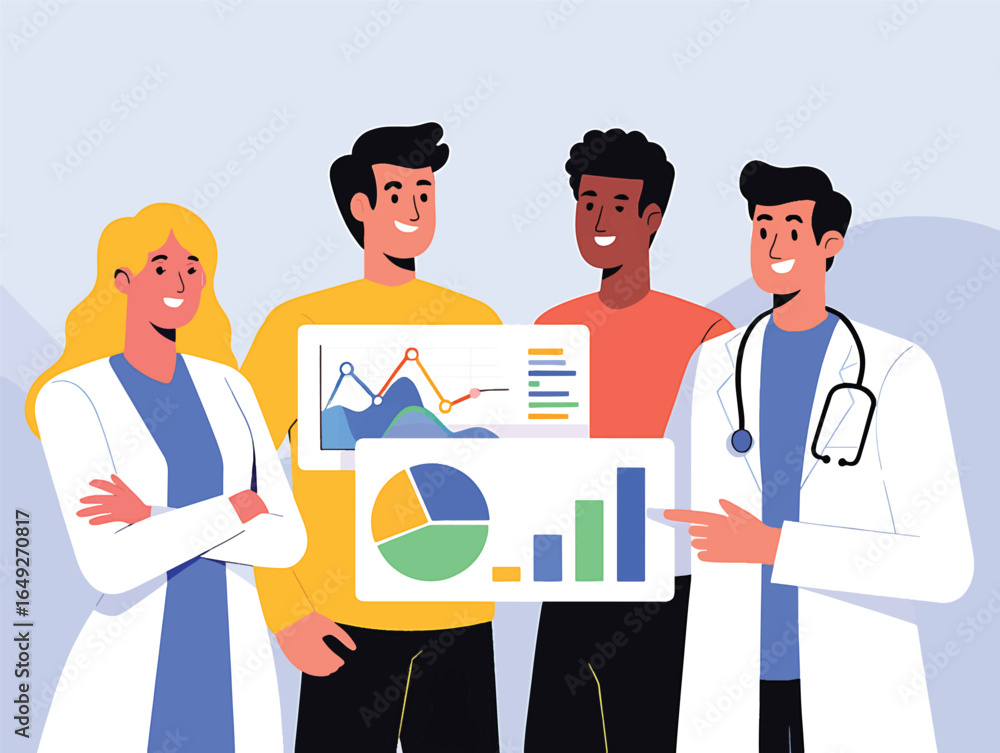 Poster diverse medical team collaborating on patient data analysis with charts and graphs. healthcare profe