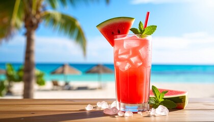 Obraz premium Refreshing watermelon juice with mint and ice, perfect for a sunny day at the beach