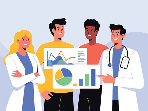 Diverse medical team collaborating on patient data analysis with charts and graphs. Healthcare professionals discussing statistics vector illustration.