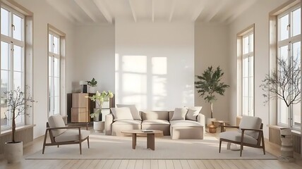 Scandinavian style living room interior with natural lighting and minimalist decor. home interior design.