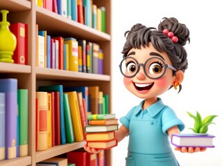 A cheerful girl proudly displays her favorite books and a small plant