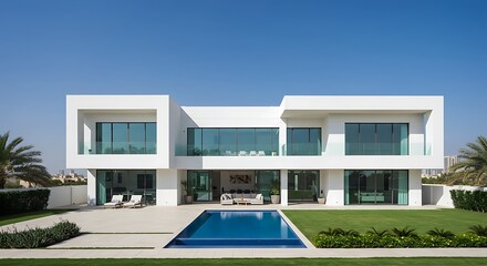 Grand Dubai home exterior boasting modern minimalist design with expansive glass windows