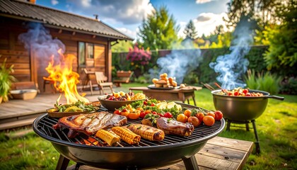 Backyard barbecue feast with grilled meat, corn, and vegetables on a sunny day