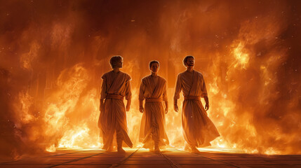 Three resolute young men (Shadrach, Meshach, Abednego) standing unharmed in the midst of a roaring, fiery furnace, their ancient Babylonian robes miraculously untouched by flames, 