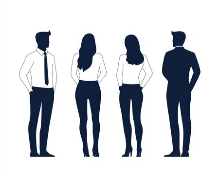 Silhouettes of two women and two men, dressed in business attire, standing with hands behind their backs. One man faces forward, one backwards. Women are shown from the back
