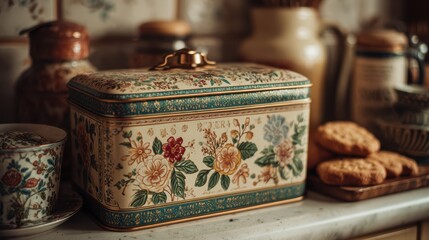 Vintage Floral Storage Tin with Cookies on Rustic Kitchen Counter