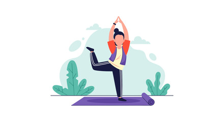 Fototapeta premium A modern flat vector illustration depicts a woman gracefully practicing a challenging yoga pose on a mat outdoors, promoting balance and mindful wellness.