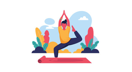Fototapeta premium An illustrative depiction of a man practicing a challenging yoga pose on a mat, emphasizing balance and mindful exercise for wellness.