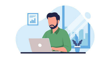 A focused man with a beard diligently works on his laptop at a modern desk, embodying productivity and remote work in a contemporary office setting.