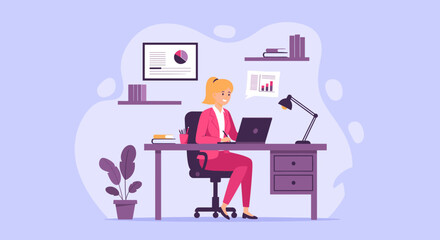 A focused professional works diligently on her laptop at a modern desk, embodying remote work, online learning, and digital productivity.