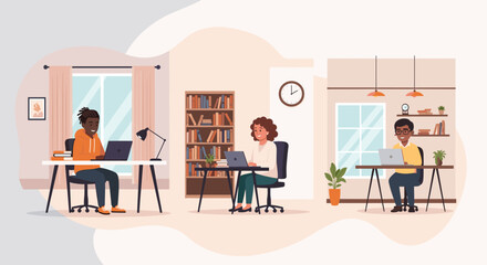 Diverse professionals are efficiently working on their laptops in various modern home and office environments, showcasing the flexibility of remote work.