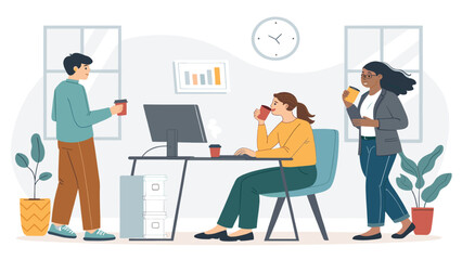 Diverse office colleagues enjoy a refreshing coffee break, fostering a collaborative and relaxed work environment within a modern workspace.