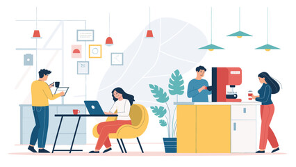 Diverse team members collaborate and take coffee breaks in a modern, bright office workspace.