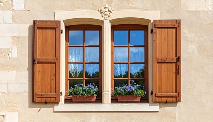 Fototapeta premium Charming French Window with Wooden Shutters, Blue Flowers, and Sunny Reflections