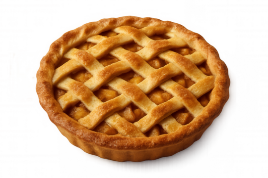 Golden-crusted apple pie revealing sweet, caramelized filling, sitting on clean transparent backdrop for culinary graphic design needs