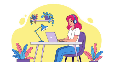 A young woman with pink hair works diligently on her laptop at a desk, surrounded by vibrant houseplants and a desk lamp.
