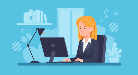 A professional woman works diligently at her computer in a modern office setting, illuminated by a desk lamp.