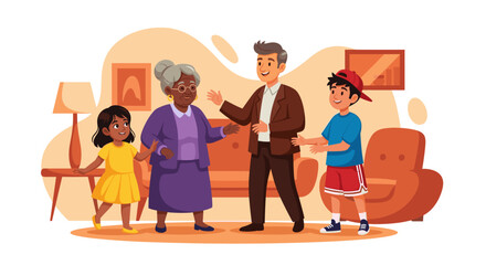 A multi-generational family enjoys a warm and happy gathering in their cozy living room, sharing a moment of connection.