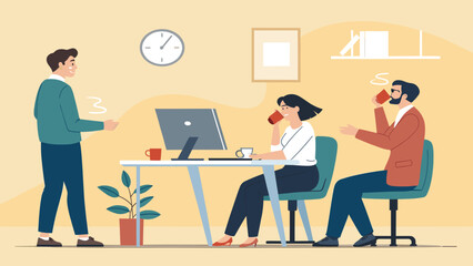 Colleagues collaborating and enjoying coffee breaks in a modern office setting, fostering teamwork and productivity.