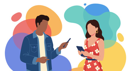 Diverse colleagues collaborate and communicate ideas using mobile devices against a backdrop of colorful abstract shapes.