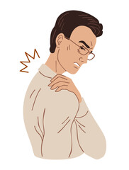 Flat vector illustration of a young man in office clothes holding trapezius muscle due to pain in shoulder or neck. Occupational chronic disease from sedentary work. Isolated on white background