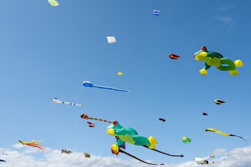 colourful kites in the sky at Portsmouth International Kite Festival July 2024 Southsea Hampshire England