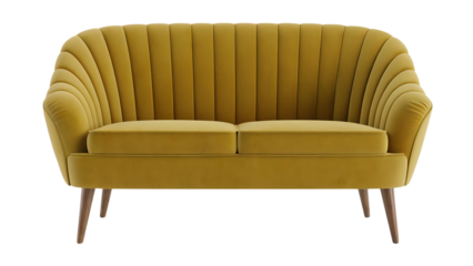 Elegant mustard yellow ribbed velvet two seater sofa isolated on transparent background for a modern living room