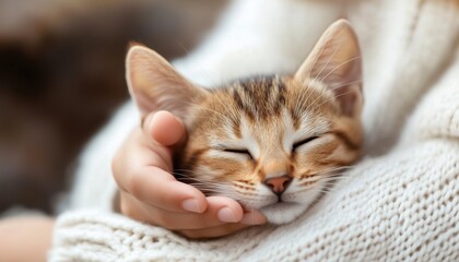 Fototapeta premium Close-Up Pet Care: Child In White Sweater Caring For Abyssinian Kitten, Stroking Cat'S Head With Love And Gentleness. Thoroughbred Feline Care.