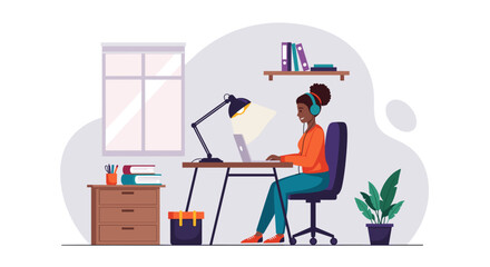 Young Black woman wearing headphones works diligently at a desk with a laptop in a well-lit home office.