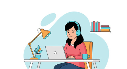 Young woman wearing headphones works diligently on her laptop at a desk with a lamp and books, illustrating remote work.