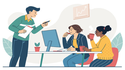 Team collaboration and discussion in a modern office environment, fostering productivity and idea sharing.