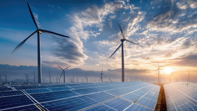 Wind turbines and solar panels at sunset