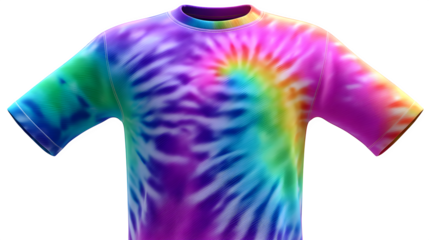 Tie-dye rainbow T-shirt, loose fit, isolated on white background, detailed dye pattern and texture, floating, 3D rendered style