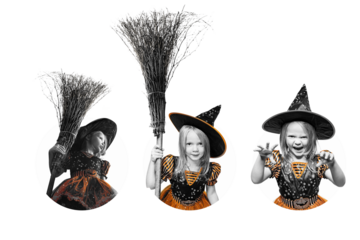 Collection of stickers - Happy child girl in witch with broom in costume. Halloween party time. Cute halloween.