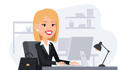 Smiling businesswoman in a suit working diligently at her computer in a modern office setting.